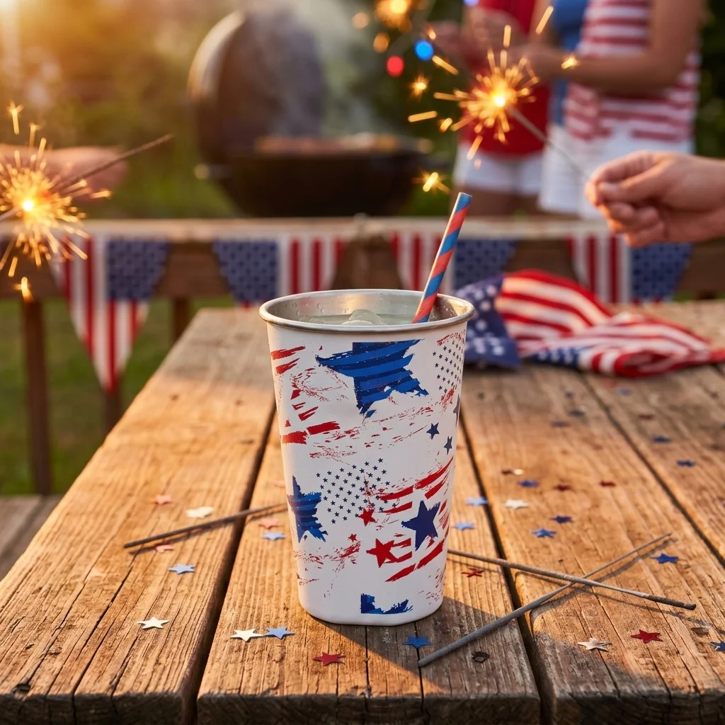 Patriotic 4th of July aluminum cup at BBQ