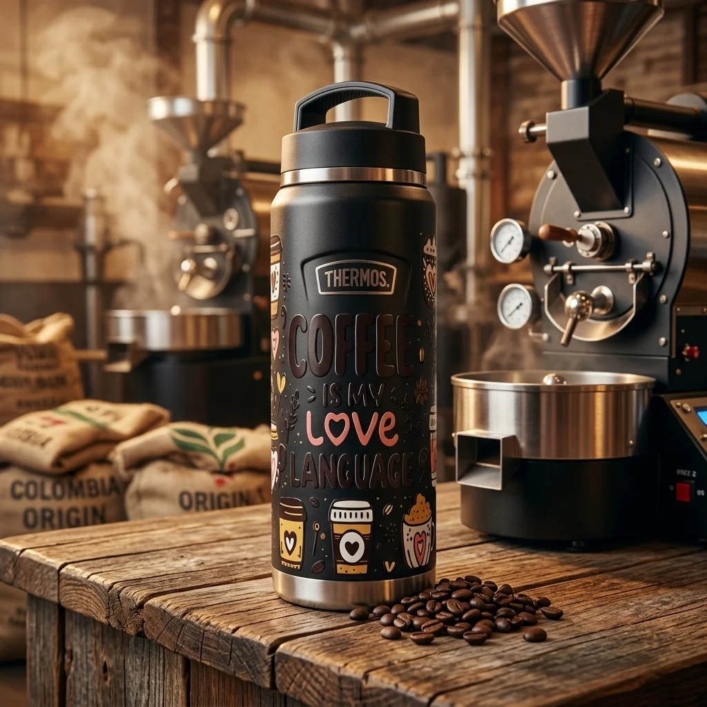 Custom branded water bottle at coffee roastery