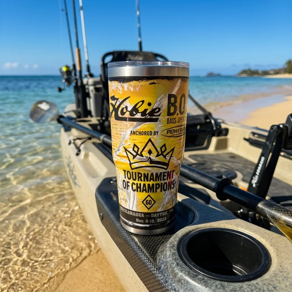 Hobie branded tumbler on kayak at beach